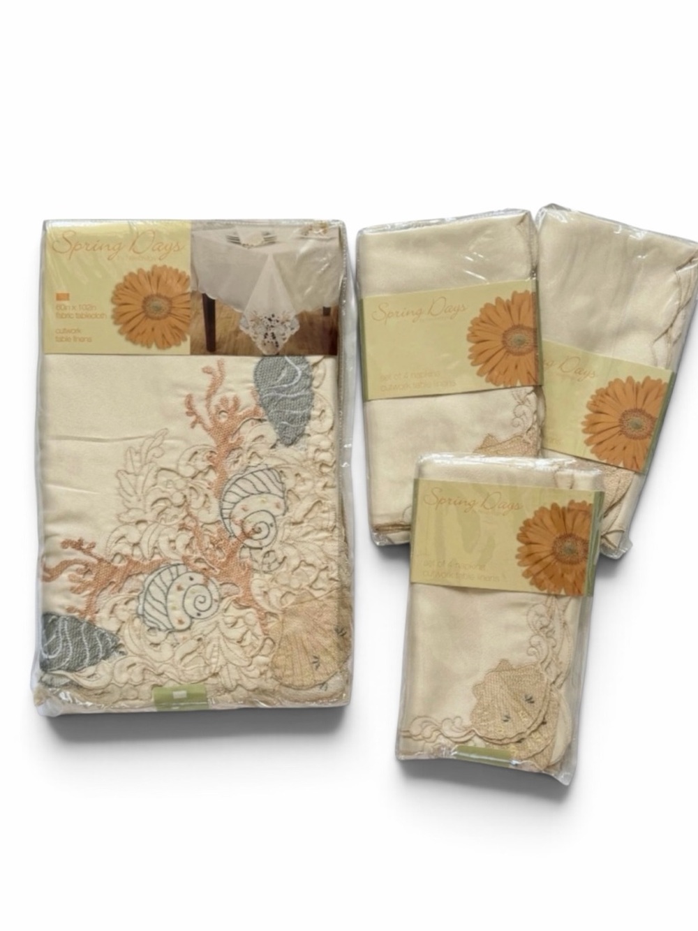Spring Days Newbridge Light Tan Coastal Seashell Cutwork Tablecloth & Napkin Set